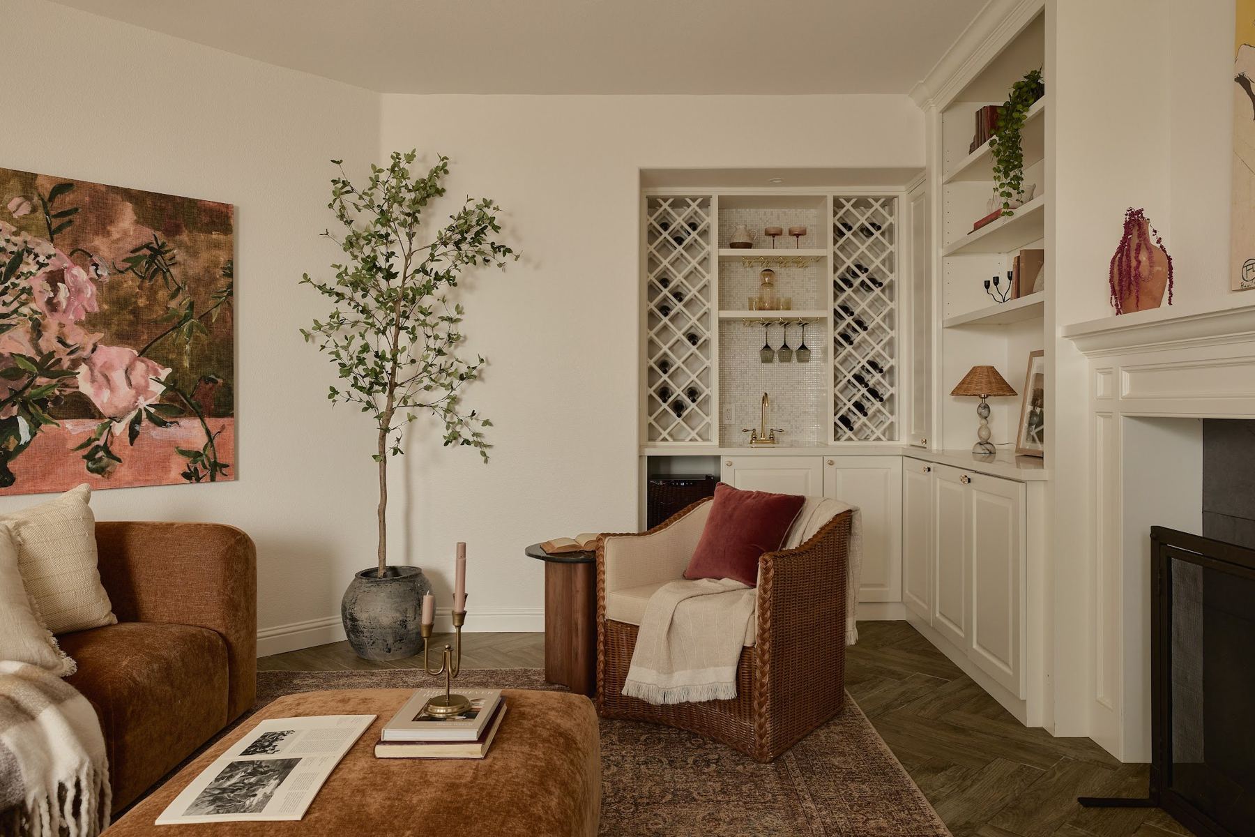 Family room with built-in wine bar and fireplace