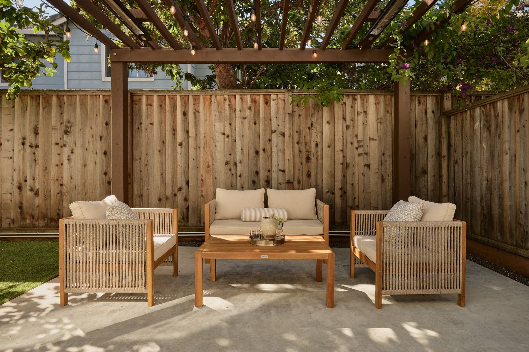 Covered pergola lounge on the back deck